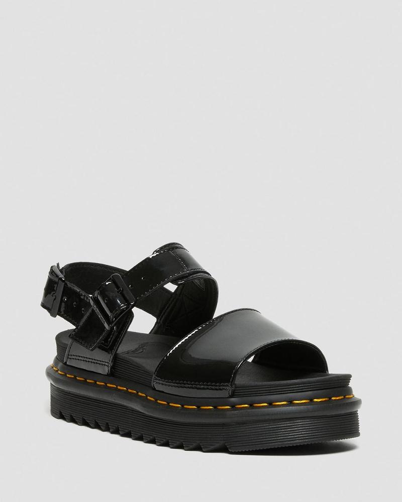 Black Women\'s Dr Martens Voss Patent Leather Gladiator Sandals | CA 307KOR